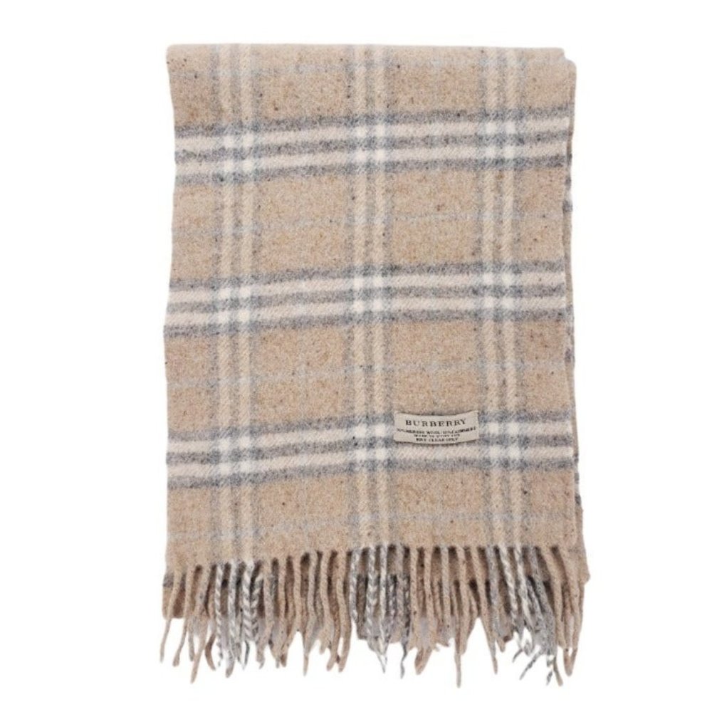 BURBERRY Vintage Merino Wool Cashmere Blend Beige Plaid Check Scarf
